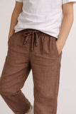 Brown Linen Straight-Fit Pants with Elastic Waist For Boys