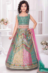 Green Sleeveless With Printed Embroidery And Mirror Work Lehenga Choli Set For Girls