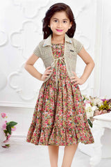Stylish Peach Floral Printed Frock With Waist Coat For Girls