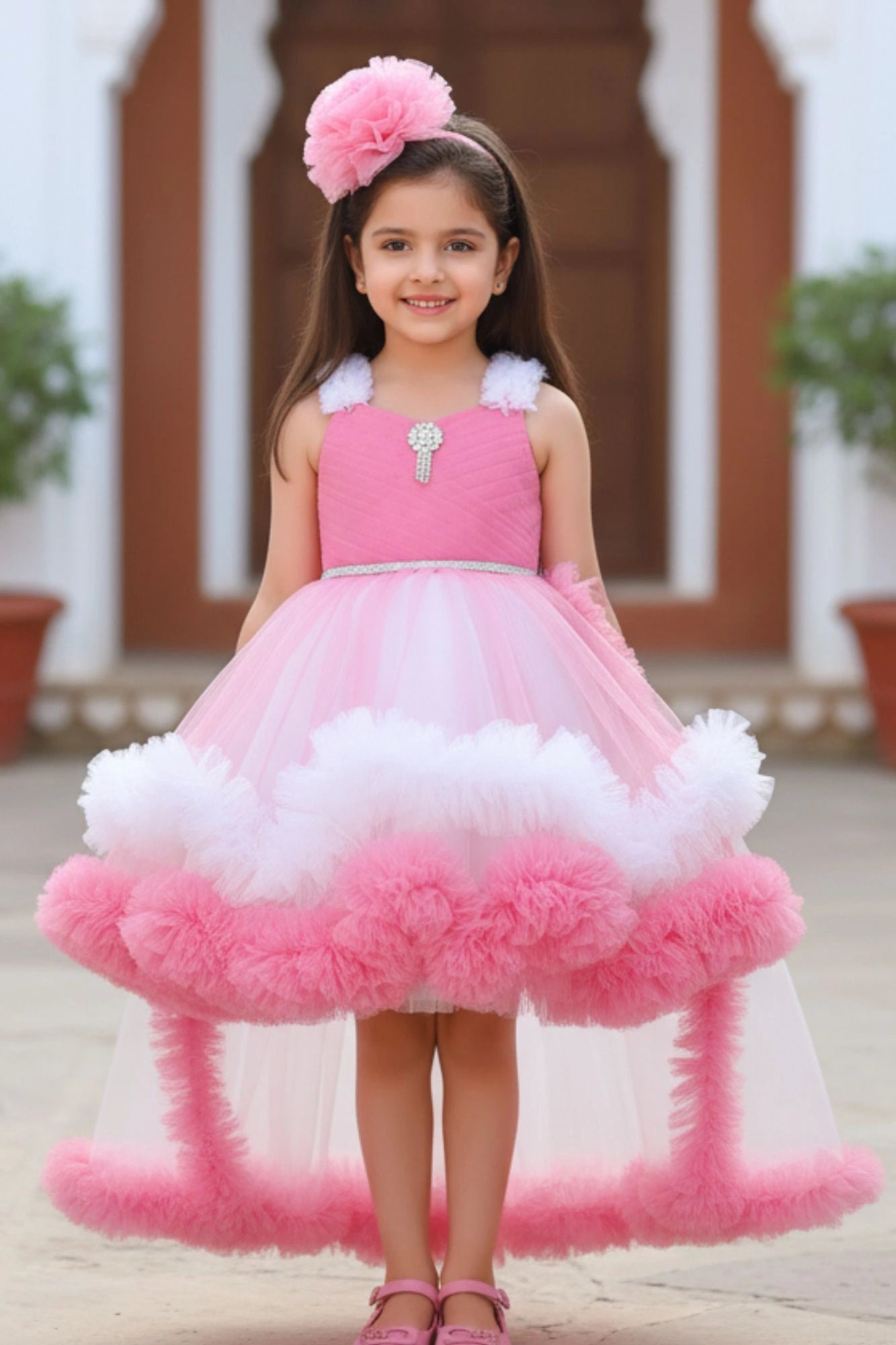 Pink Ruffle Party Frock With Stone Embellished And High-Low Hem For Girls