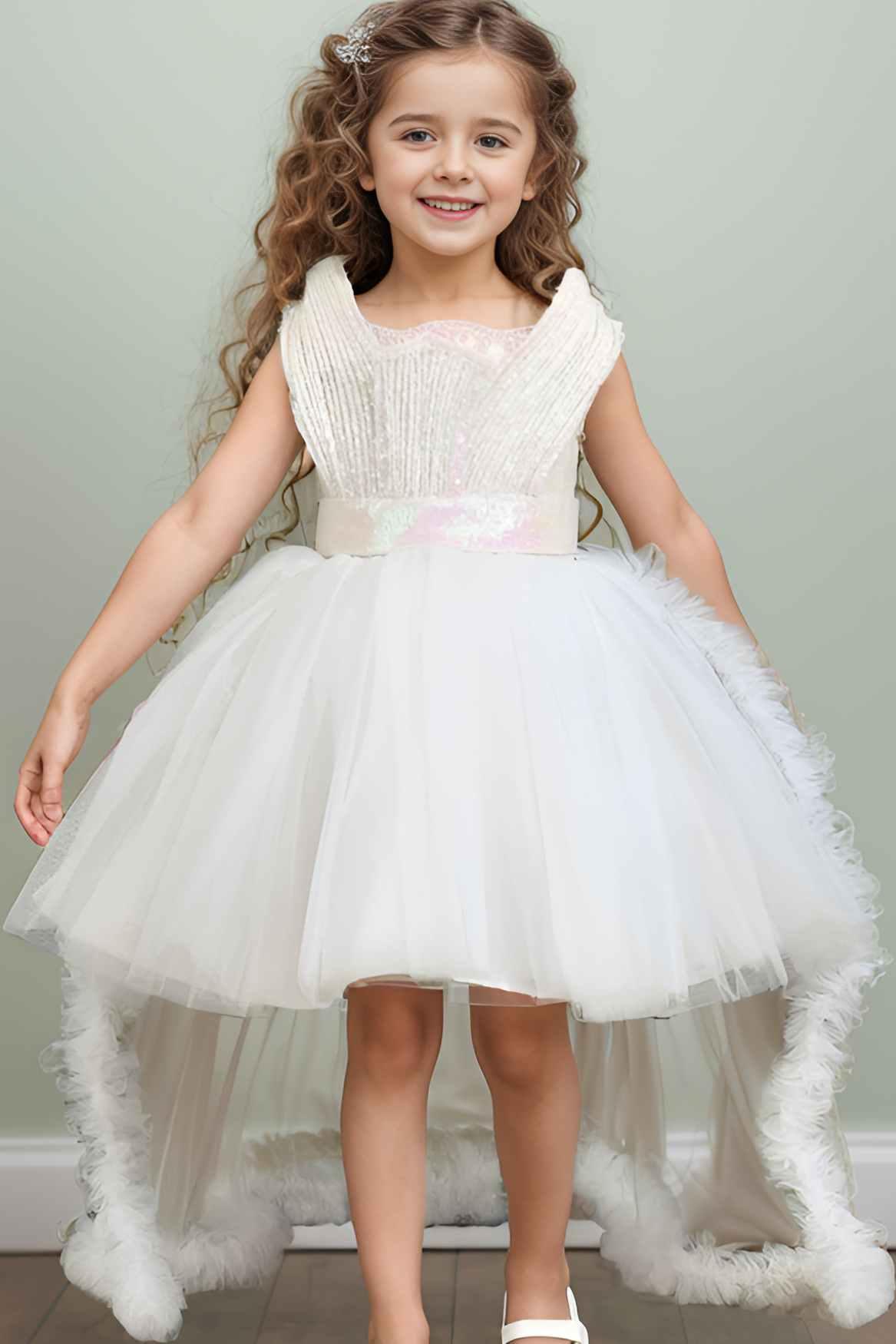 Designer White Sequin Partywear Net Tailback Frock For Girls - Lagorii Kids