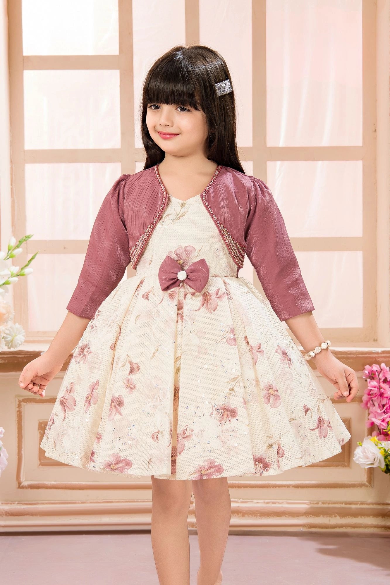 Elegant Cream Floral Printed Embellished Frock with Onion Pink Jacket For Girls
