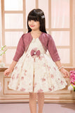 Elegant Cream Floral Printed Embellished Frock with Onion Pink Jacket For Girls