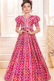 Pink Printed Ethnic Gown With Mirror Embroidery For Girls