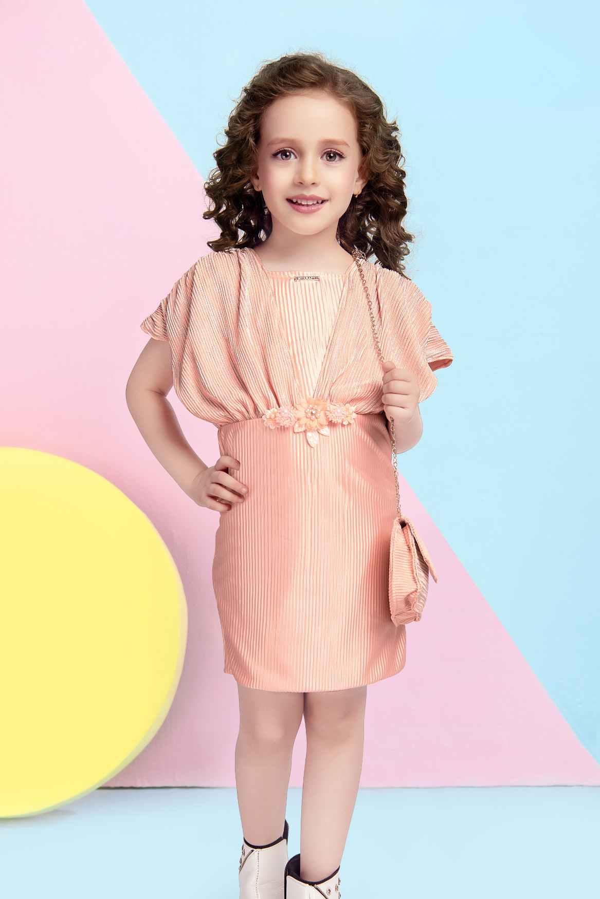 Peach Satin Midi Dress With Sling bag For Girls - Lagorii Kids