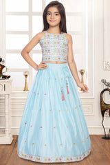 Sky Blue Embroidered And Mirror Work Lehenga Choli For Girls