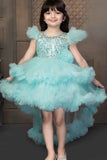 Blue Shimmer Tailback Party Wear Frock With Floral Embellishment For Girls