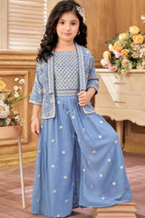 Stylish Blue Embroidered And Sequin Palazzo Set With Overcoat For Girls