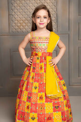 Yellow Jaipuri Printed And Embroidery Gown With Dupatta Sets For Girls