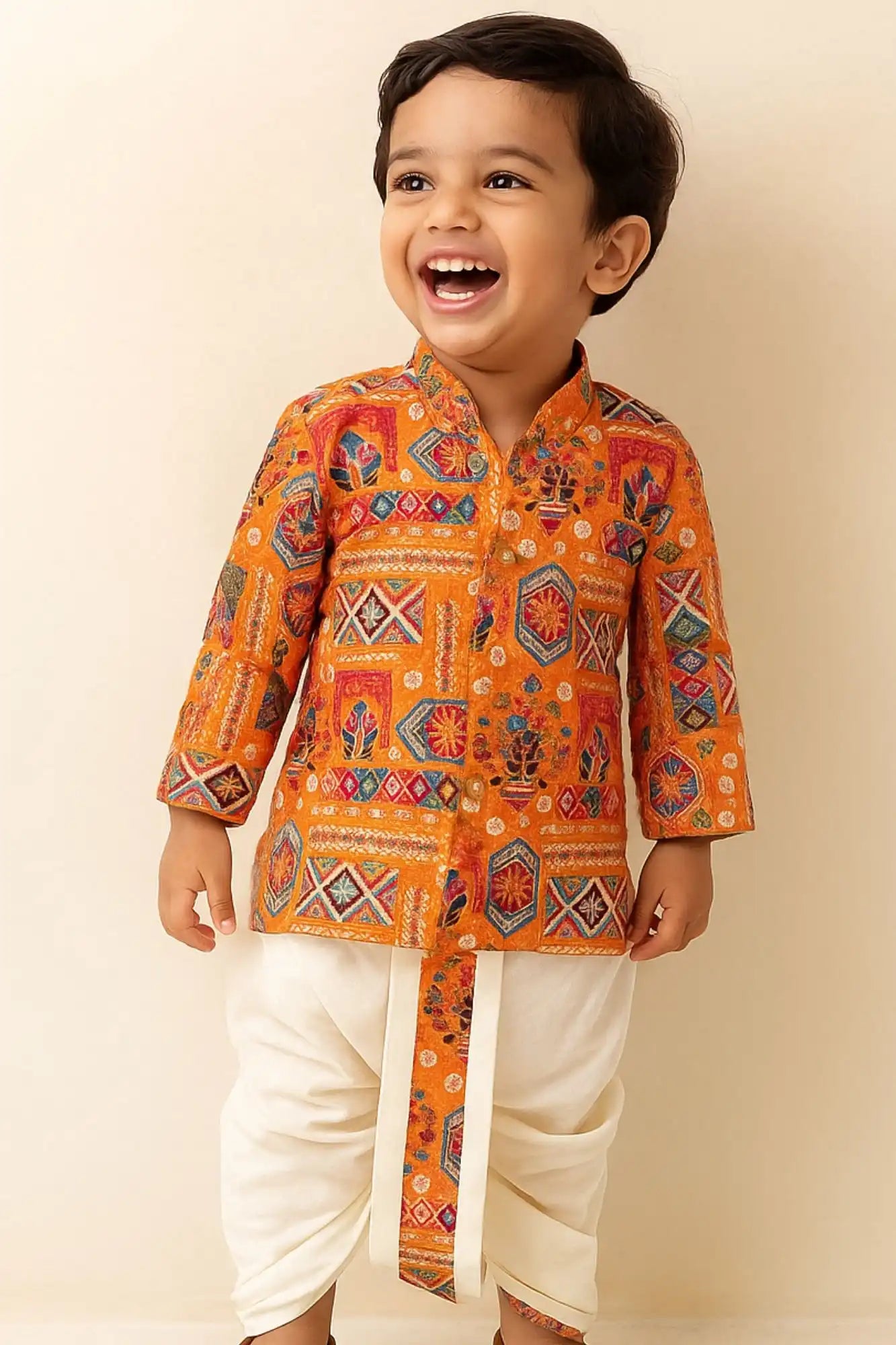 Casual Orange Multicolor Patchwork-Style Kurta with Cream Dhoti Set