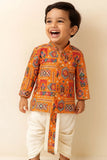 Casual Orange Multicolor Patchwork-Style Kurta with Cream Dhoti Set