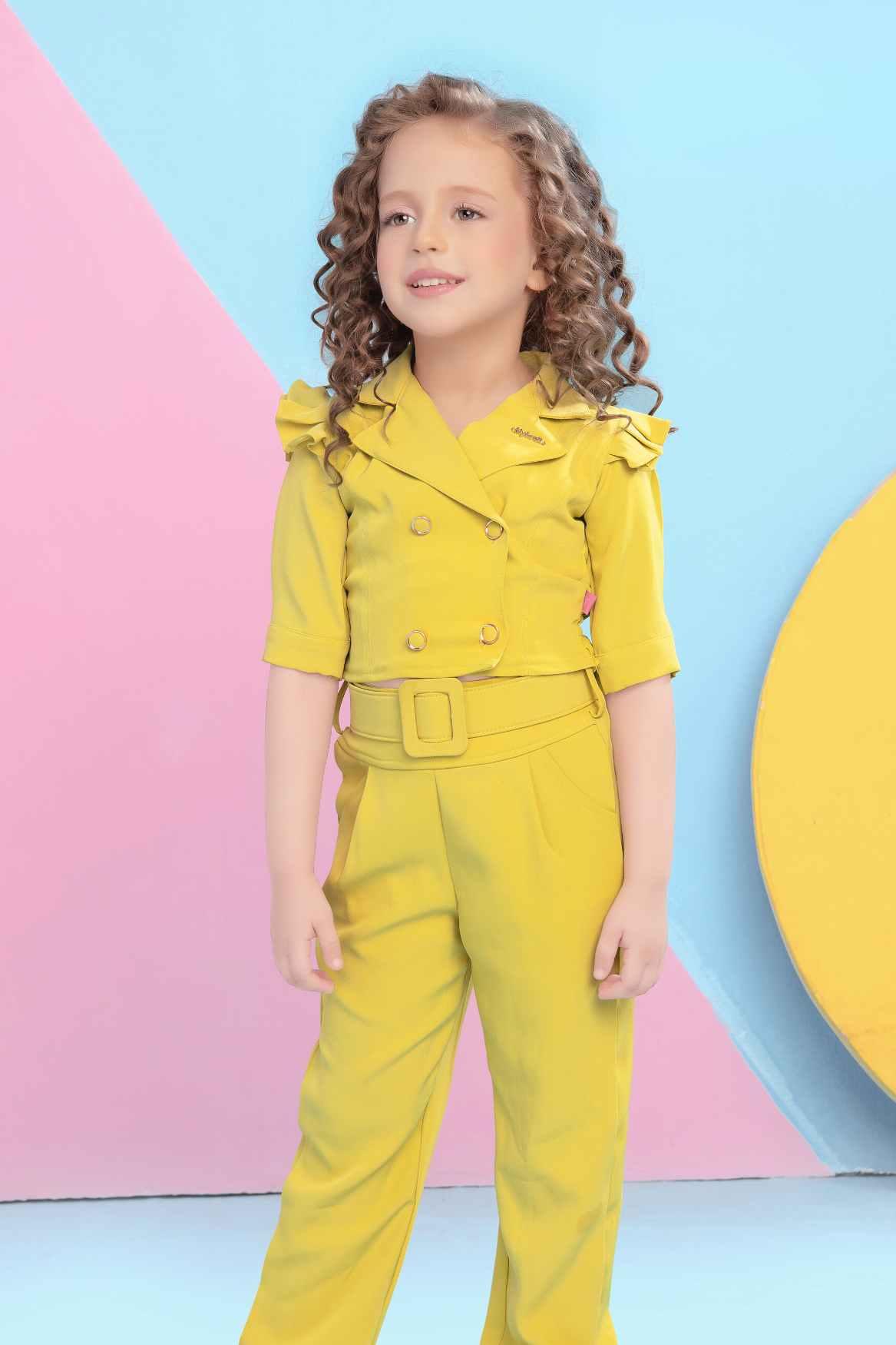 Trendy Mustard Monochrome Co ord set with Double Breasted Top For Girls - Lagorii Kids