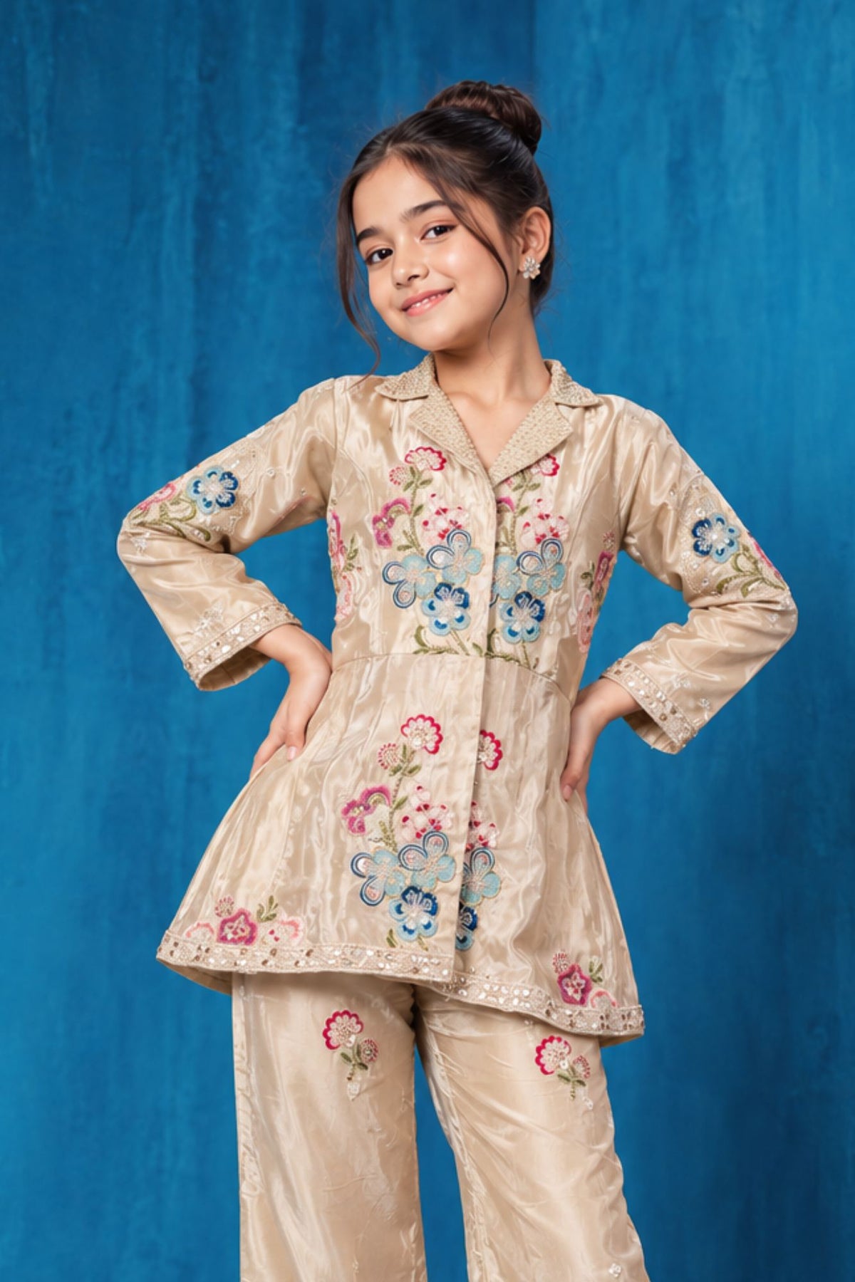 Girls Fawn Floral Embroidered Palazzo Set