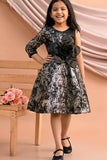 Black One-Shoulder Sequin Party Frock with 3D Floral Waist Applique For Girls