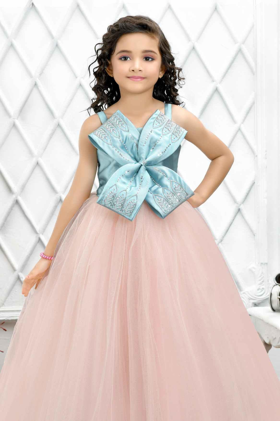 Designer Peach Gown Embellished With Blue Bow For Girls - Lagorii Kids