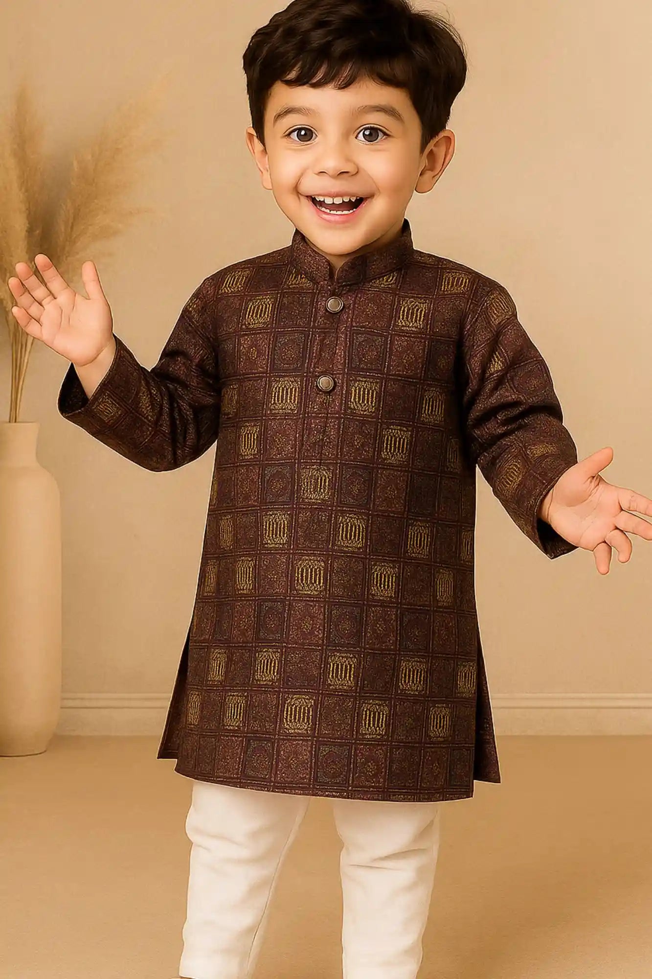 Purple And Beige Printed Kurta Set with Sequins Embroidery For Boys