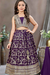 Violet Sequins Work And Zari Embroidered Lehenga Choli For Girls