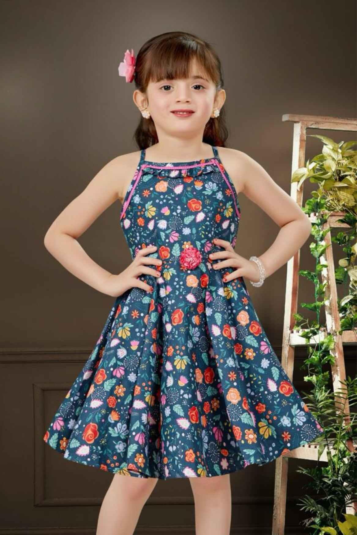 Classic Blue Floral Printed Casual Wear Frock For Girls - Lagorii Kids