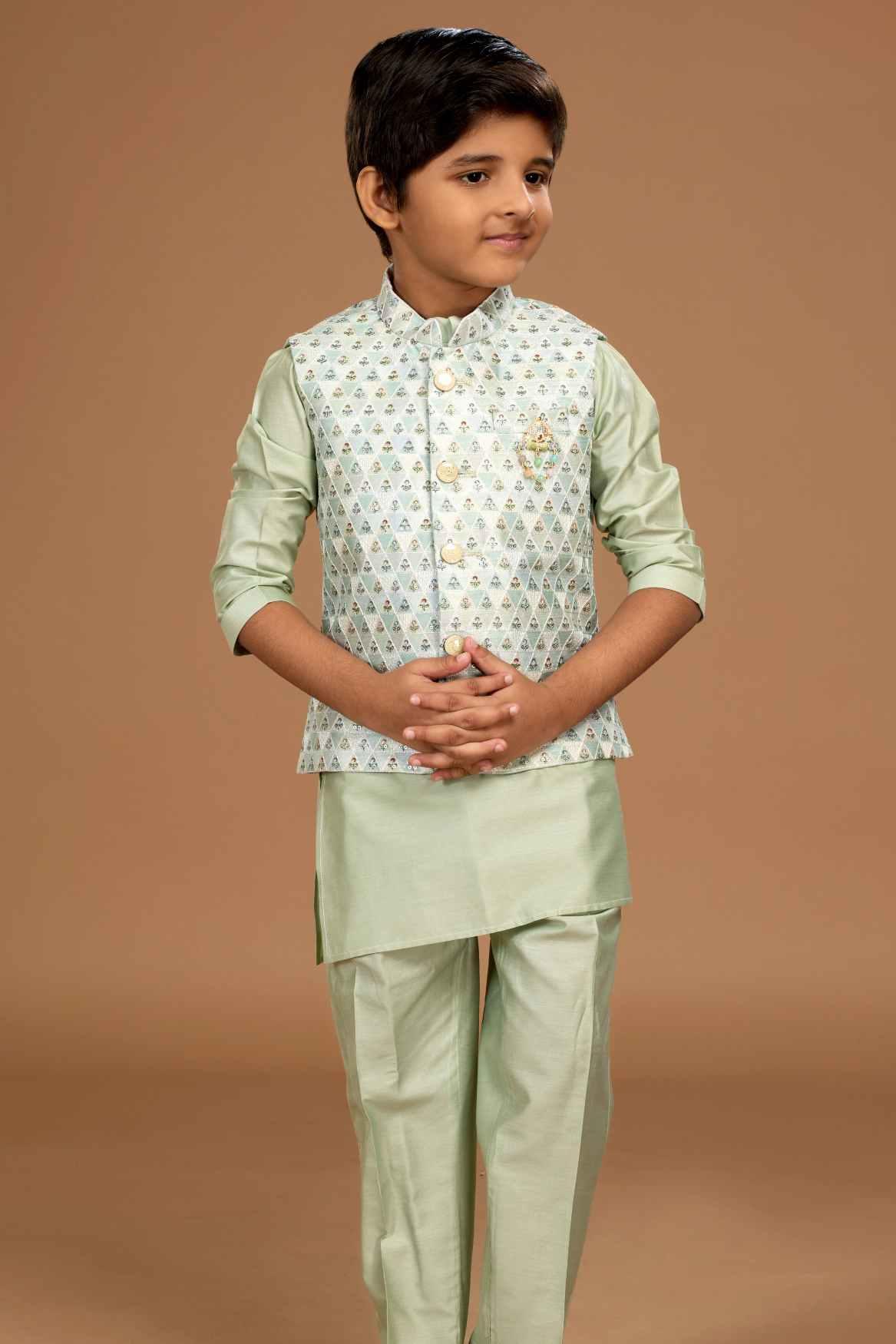 Pista Green Kurta Set With Cream Bandi For Boys - Lagorii Kids