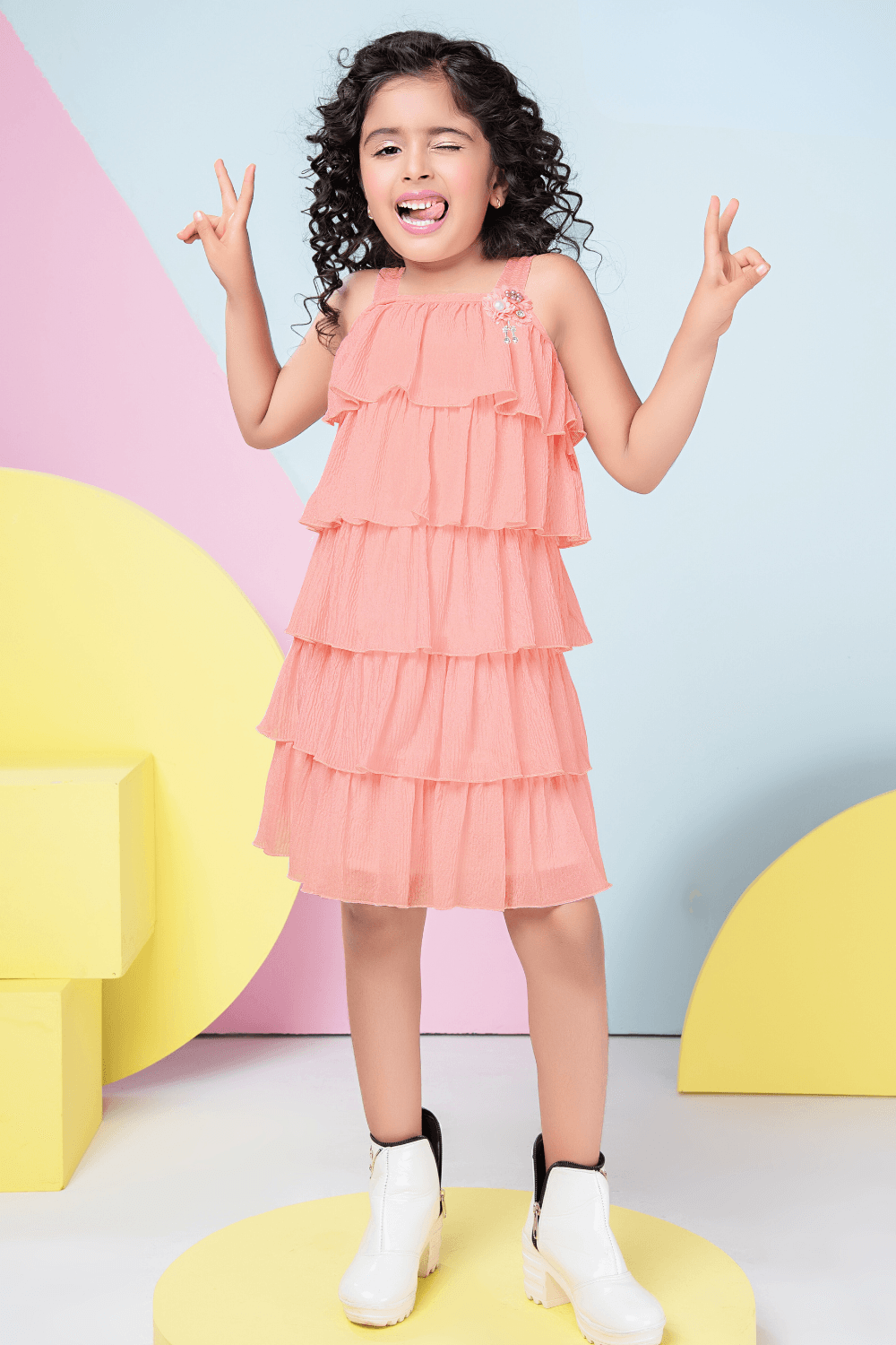 Stylish Orange Frilled Casual Wear Dress For Girls - Lagorii Kids