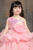 Peach Shimmer Tailback Party Wear Frock With Ruffle Layers For Girls