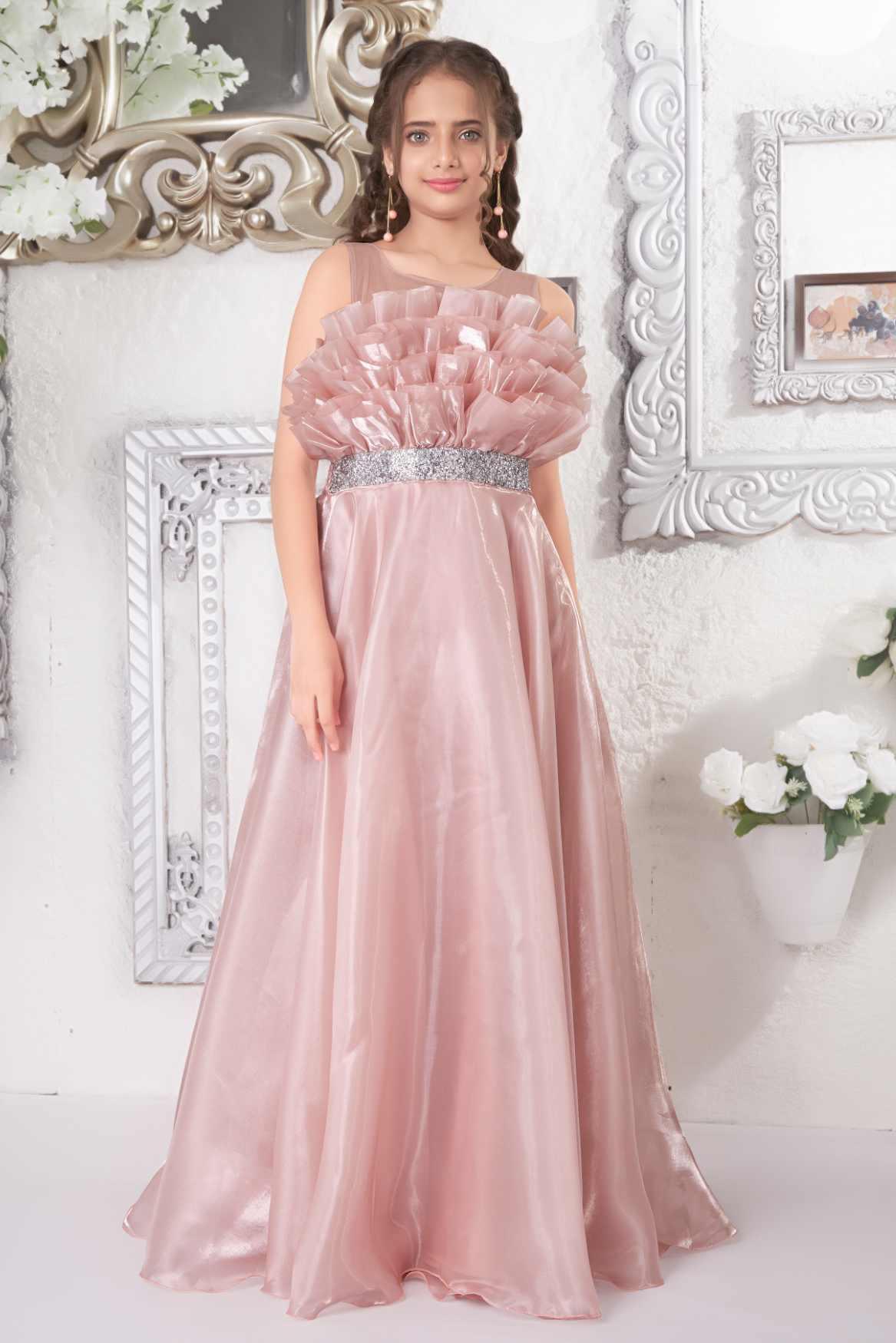 Designer Peach With Ruffled Satin Gown For Girls - Lagorii Kids