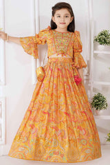 Elegant Yellow Floral Printed Lehenga For Girls - Lagorii Kids