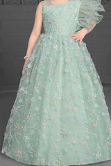 Designer Green Net Gown With Embroidery For Girls