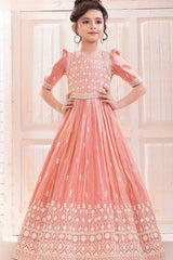 Peach Sequins Work And Embroidered Ethnic Gown For Girls