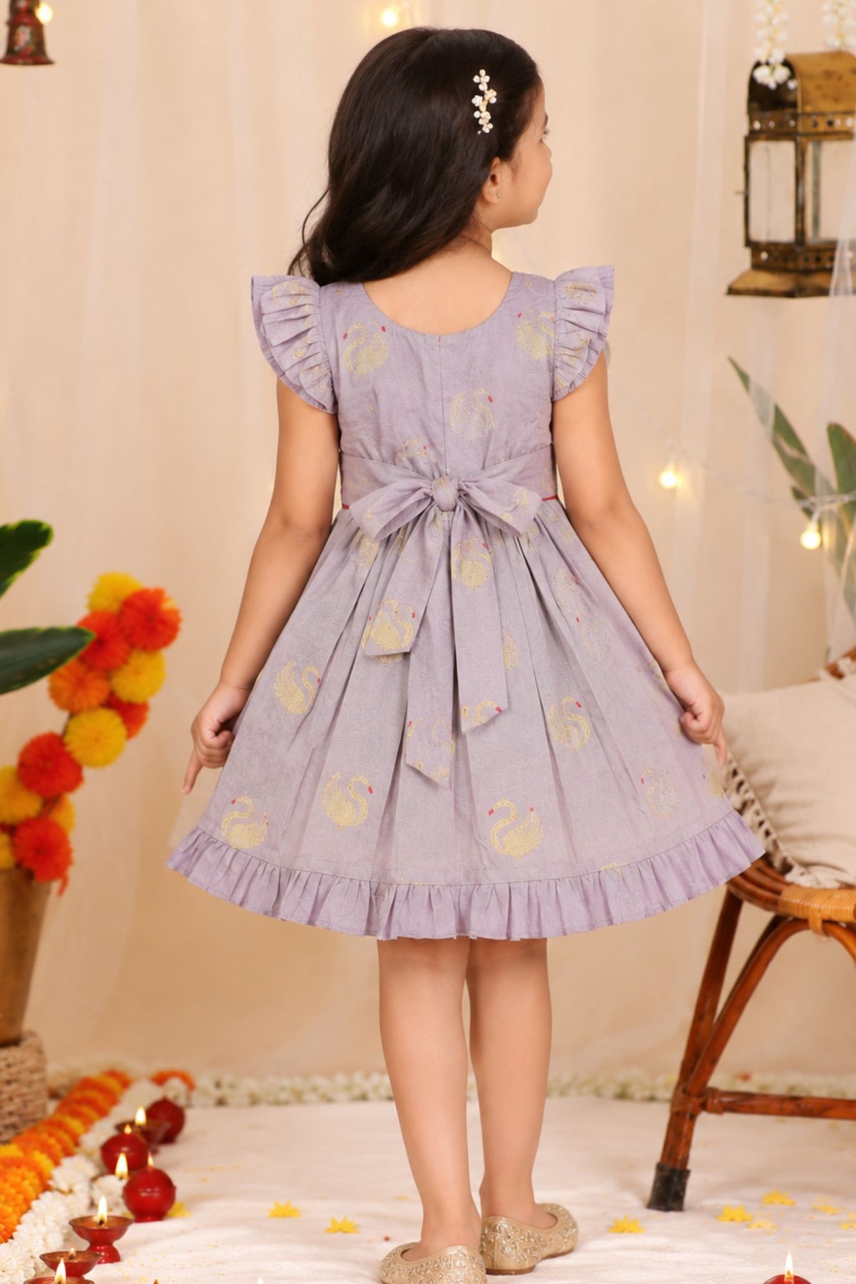 Girls Lilac Swan Embroidered Ruffle Sleeve Flared Dress