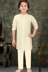 Cream Thread Work And Sequins Embroidered Kurta Set For Boys