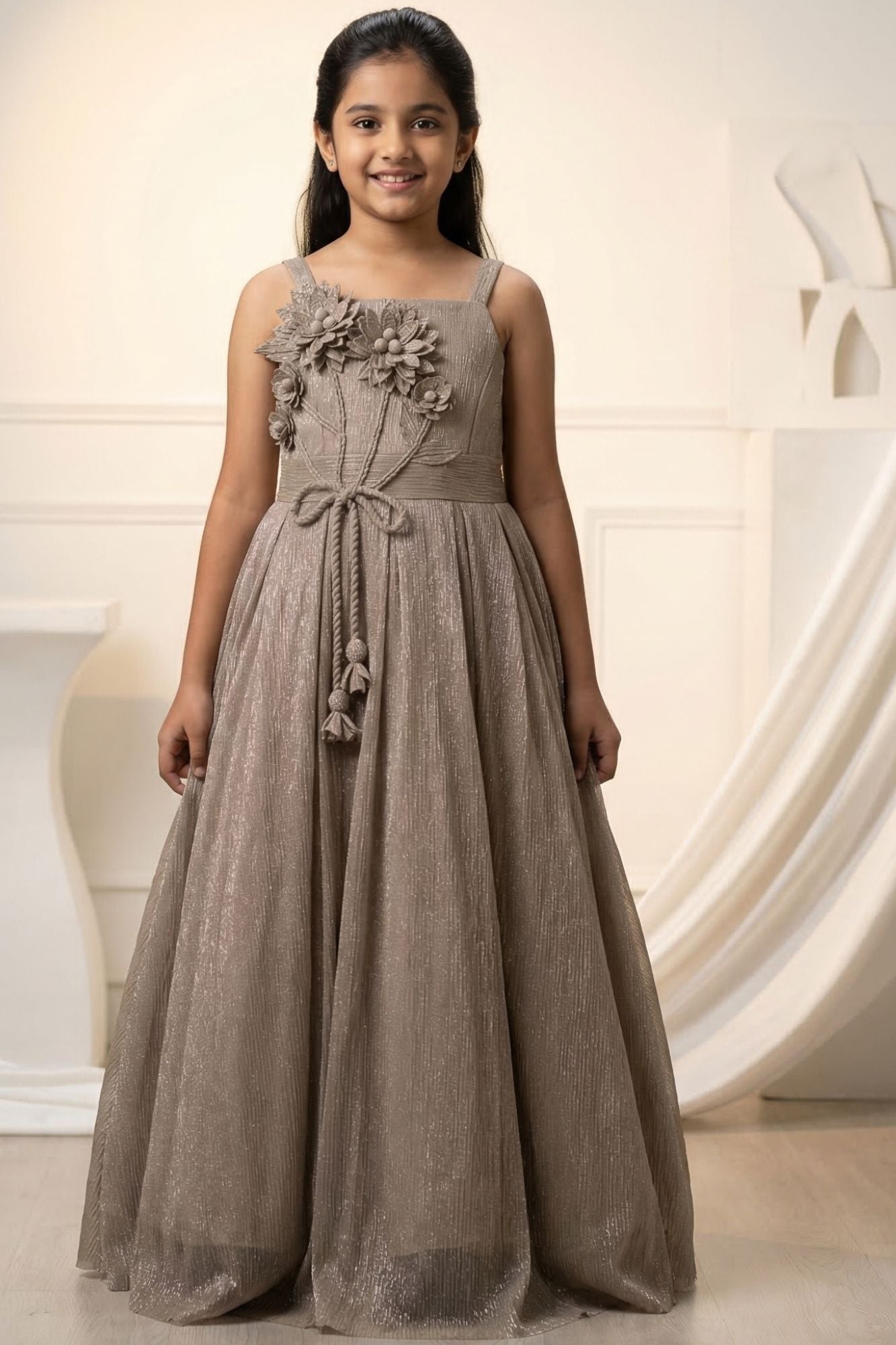 Fawn Shimmer Party Wear Gown with 3D Floral Appliqué For Girls