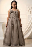 Fawn Shimmer Party Wear Gown with 3D Floral Appliqué For Girls