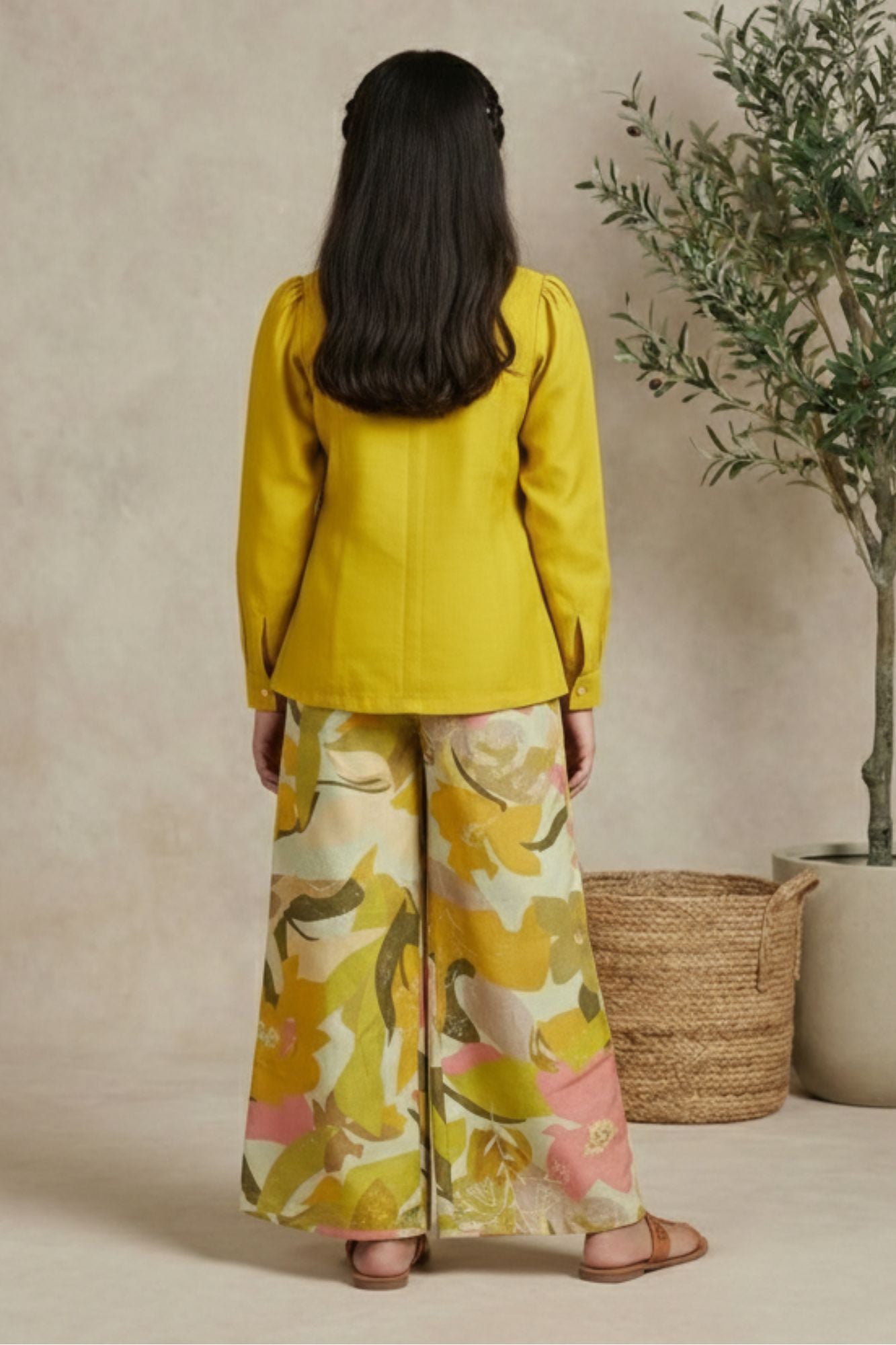 Stylish Mustard Yellow Top And Printed Pant Set For Girls