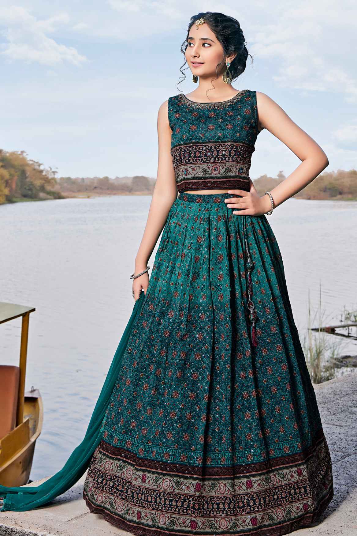 Teal Green Floral Printed Lehenga Choli Set