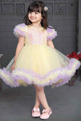 Yellow And Lavender Party Wear Frock With Sequin Work For Girls