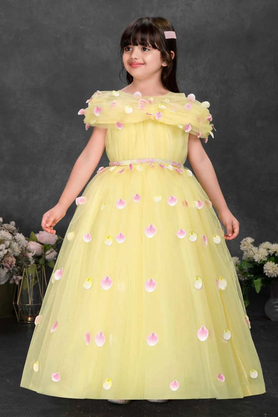 Yellow Floral Petal Embellished Party Gown With Cape Overlay For Girls