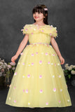 Yellow Floral Petal Embellished Party Gown With Cape Overlay For Girls