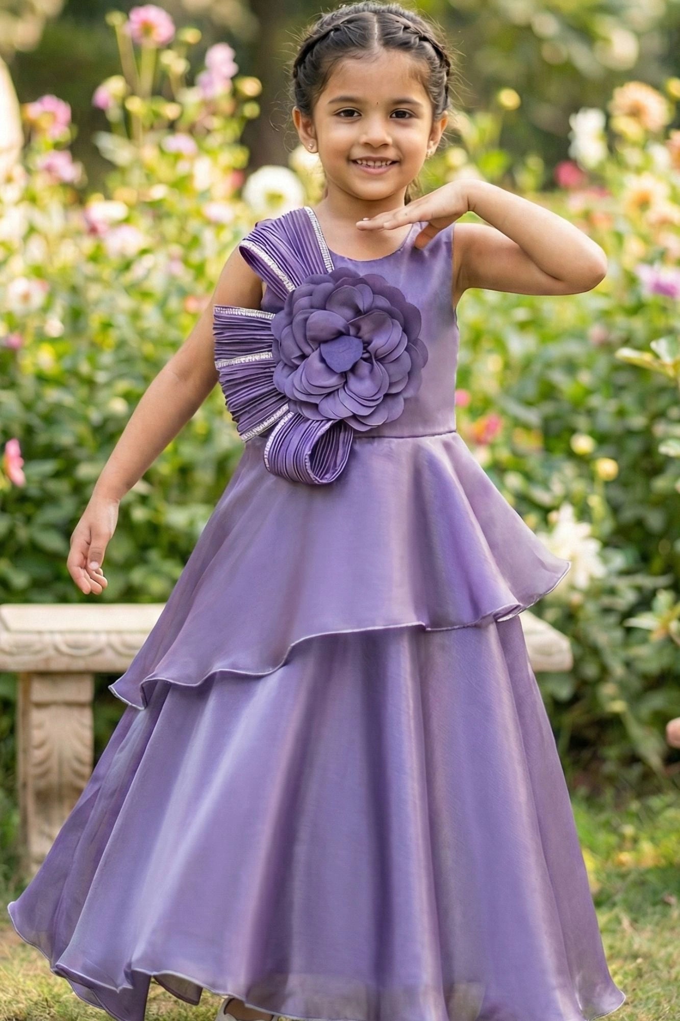 Purple Layered Party Gown with Oversized Floral Appliqué For Girls