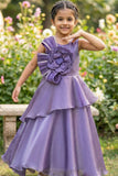 Purple Layered Party Gown with Oversized Floral Appliqué For Girls