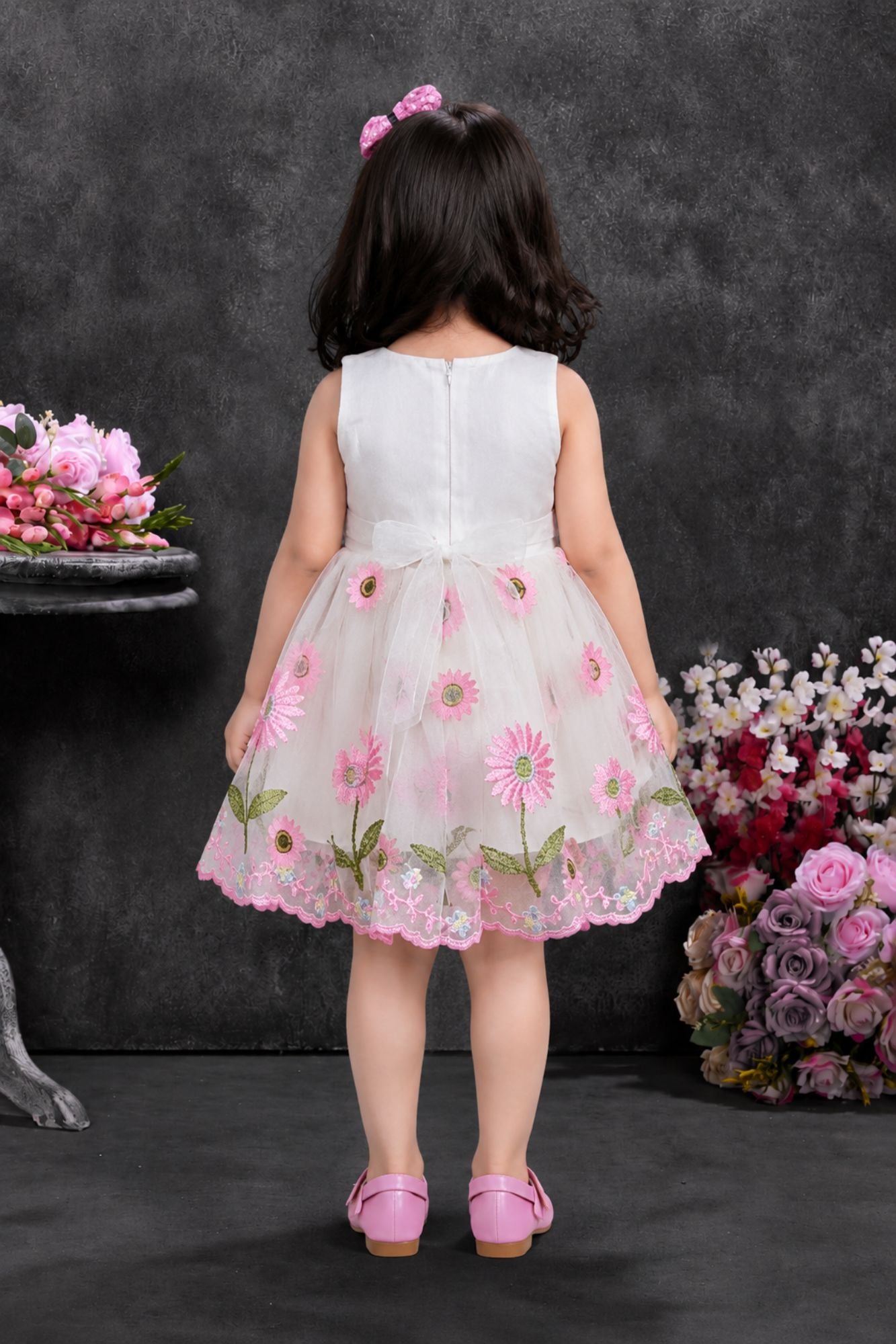 White Party Frock With Pink Embroidered Floral And Oversized Satin Bow