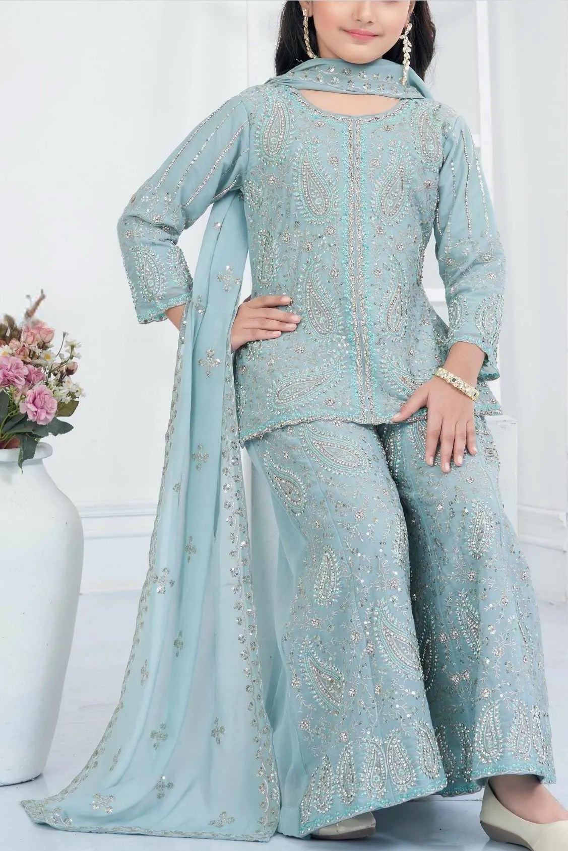 Aqua Blue Embroidered Palazzo Set for Girls