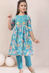 Sky Blue Floral Printed Ethnic Kurta Set For Girls