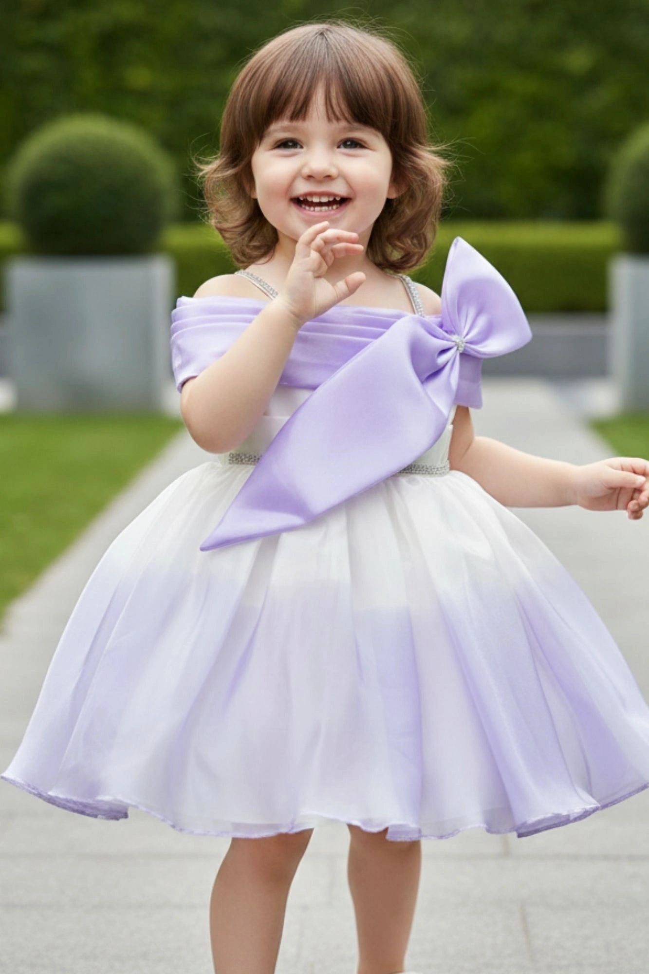 Lavender & White Ombre Party Wear Frock With One-Shoulder Bow Design For Girls