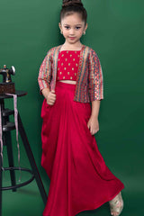 Red Sequin Top And Dhoti Bottom Set With Brocade Overcoat For Girls