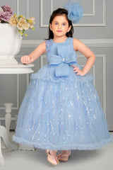 Blue Sequin Net Party Wear Gown Embellished With Bow For Girls