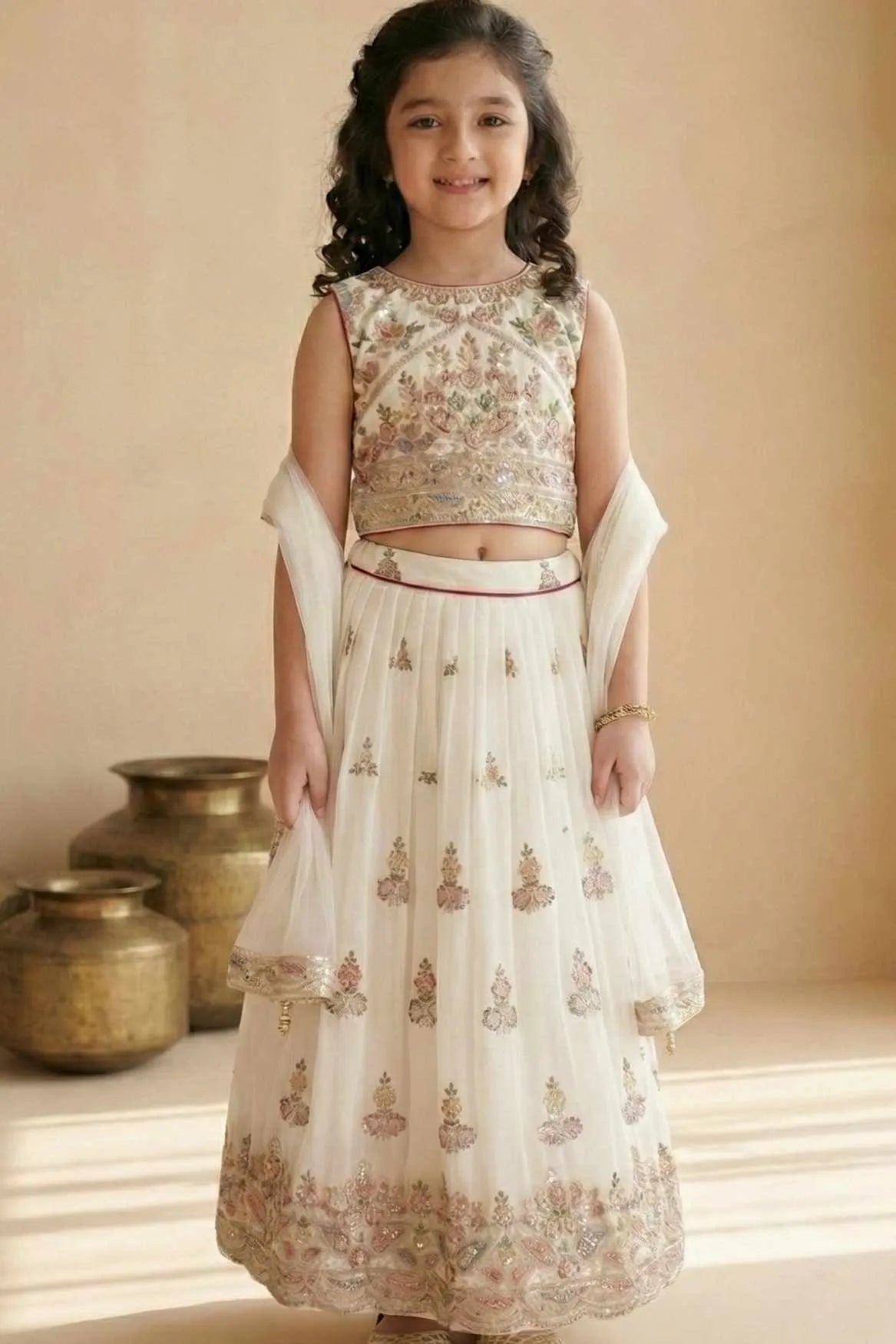 Cream Multi-Thread Embroidered Lehenga Choli Set For Girls