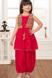 Rani Pink Sequins Work Dhoti Set With Zari Work Overcoat For Girls