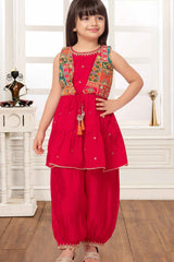 Rani Pink Sequins Work Dhoti Set With Zari Work Overcoat For Girls