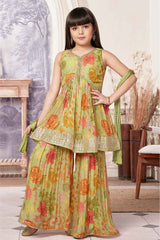 Green Sleeveless And Sequins Embroidery With Floral Printed Sharara Set For Girls